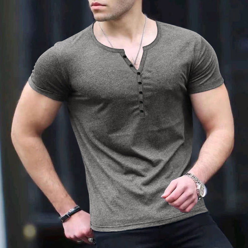 Men's slim fit henley t-shirt soft knit short sleeve casual style with button placket
