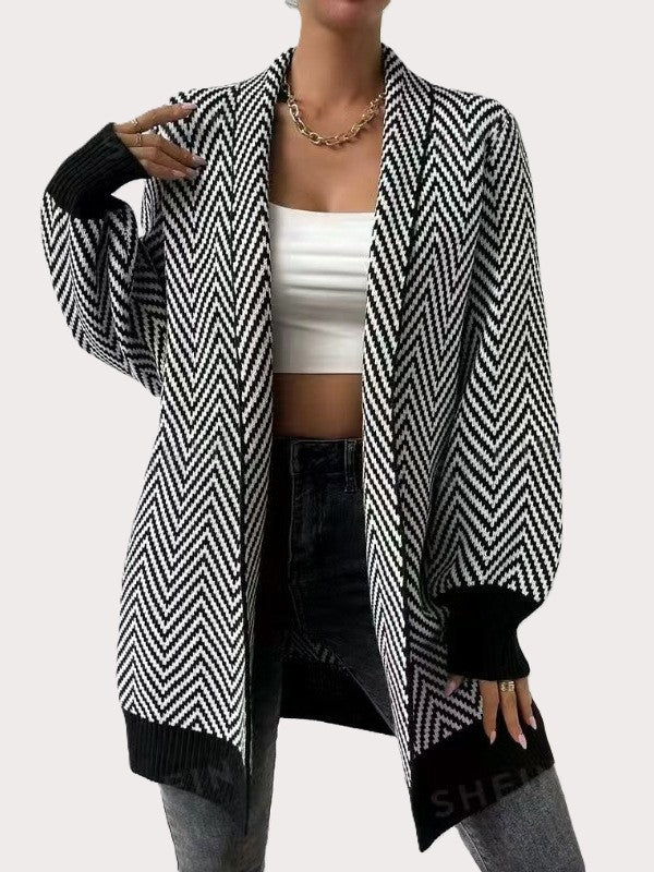 Women’s Open Front Cardigan - Long Sleeve - Geometric Pattern - Wavlynn