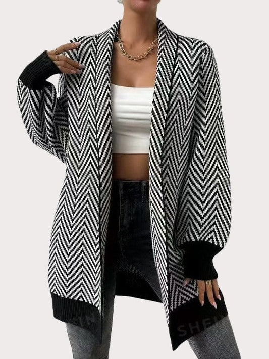 Women’s Open Front Cardigan - Long Sleeve - Geometric Pattern - Wavlynn