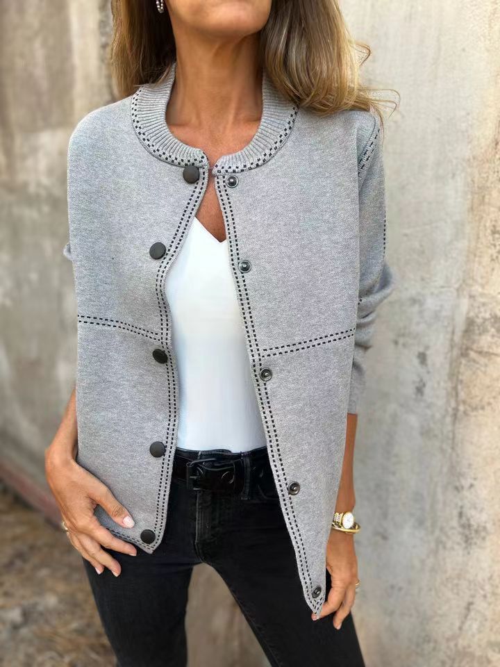 Women's loose fit knit cardigan in soft neutral, button-front round neck hip-length cozy layer