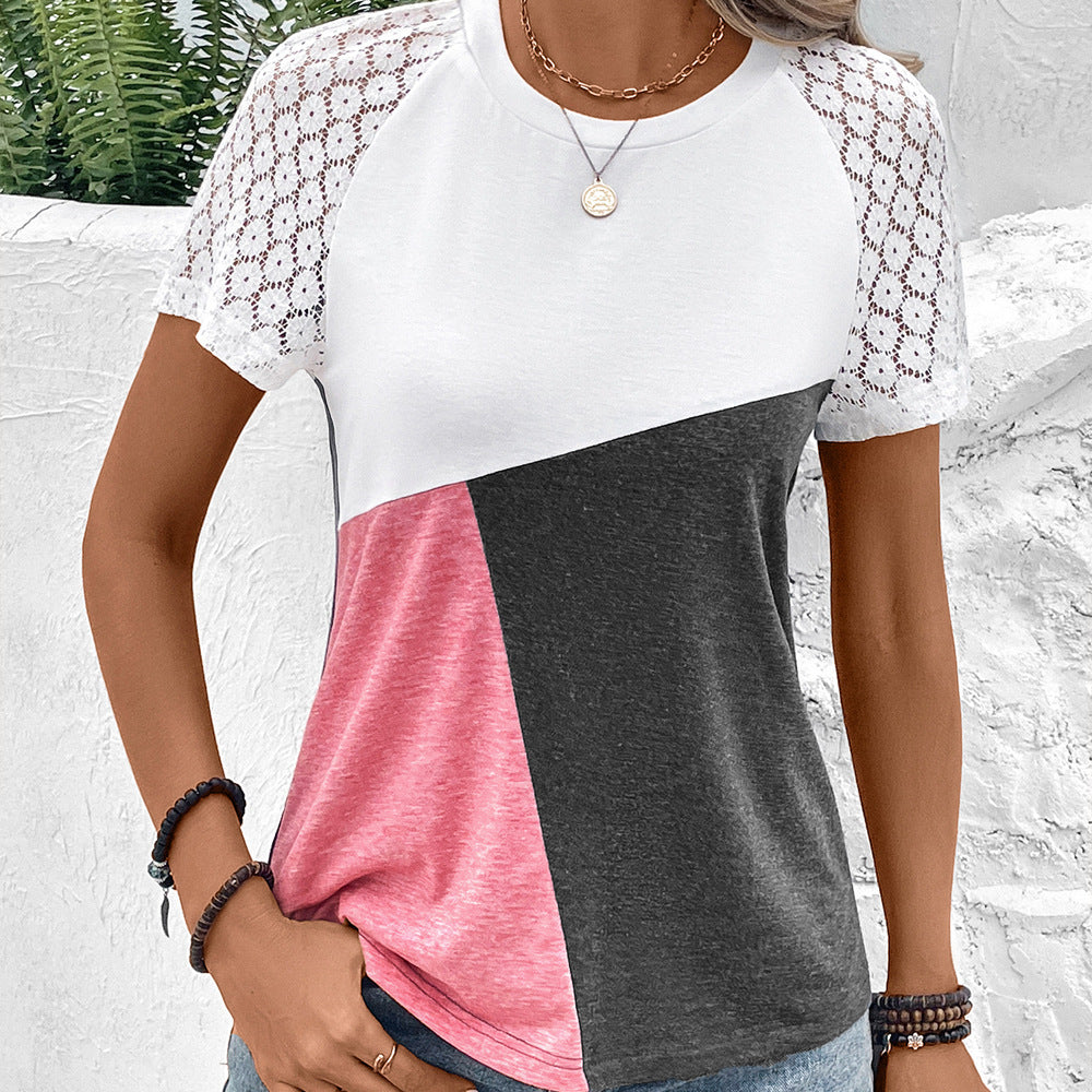 Women's relaxed fit cotton blend tee with delicate lace sleeves and round neck casual style