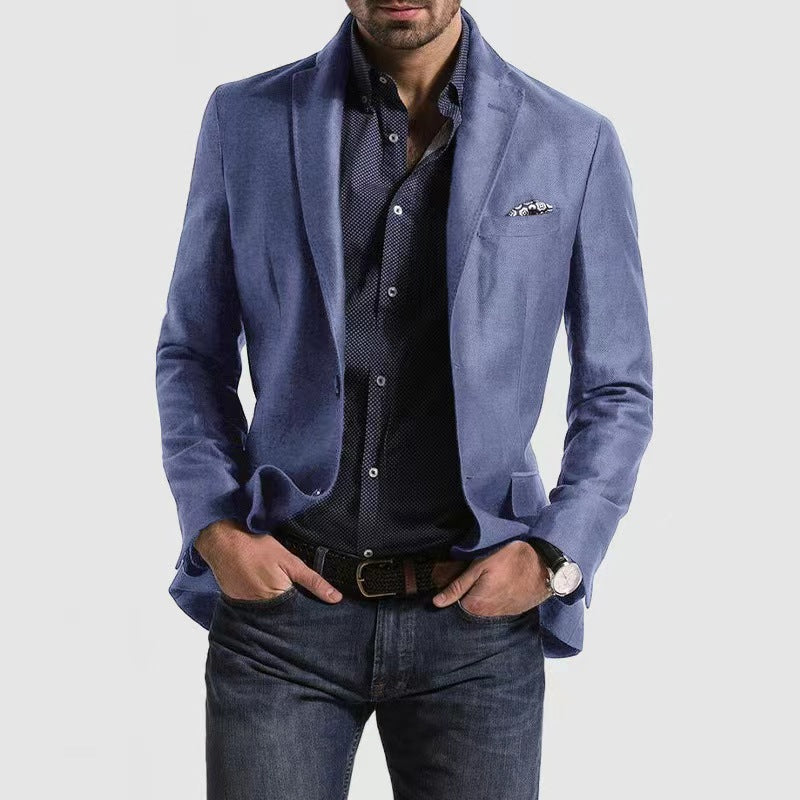Men's slim fit wool blend blazer, notch lapel single breasted, smart casual to formal navy blue