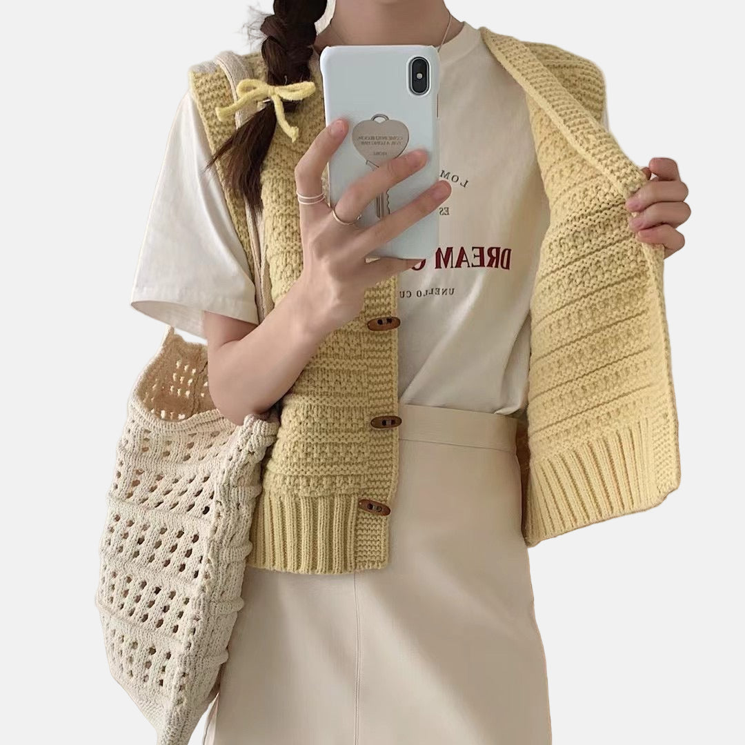 Women's knitted button-front vest V-neck cozy layer textured acrylic blend casual chic style
