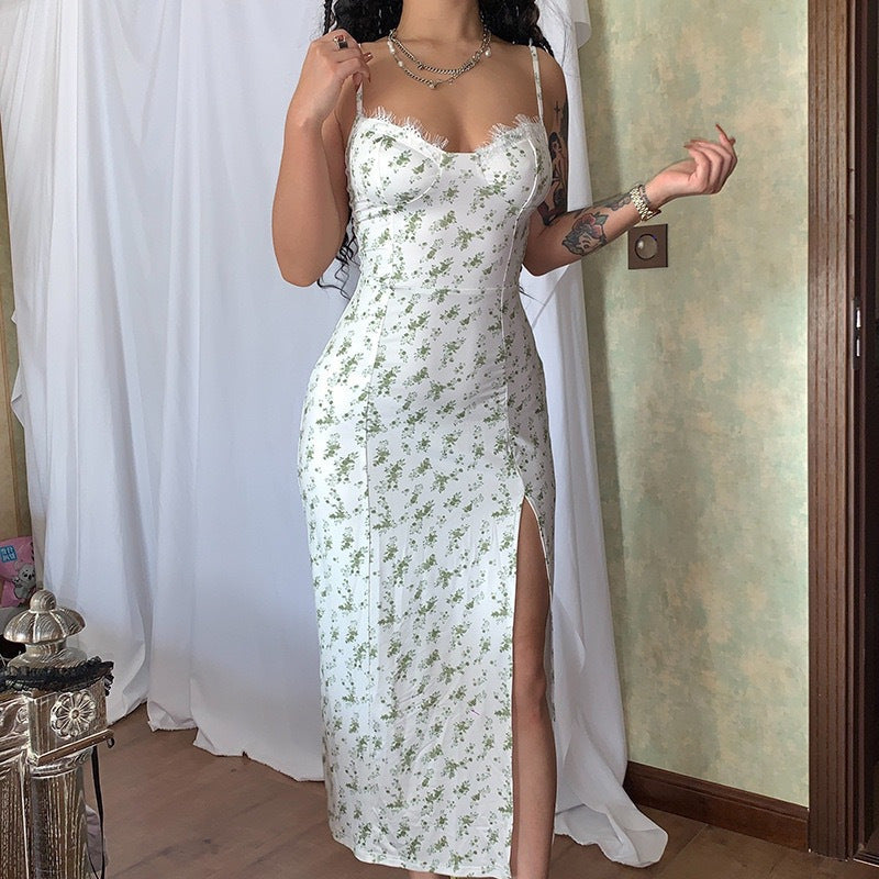 Women's floral midi dress tailored fit sweetheart neckline with elegant thigh slit and straps