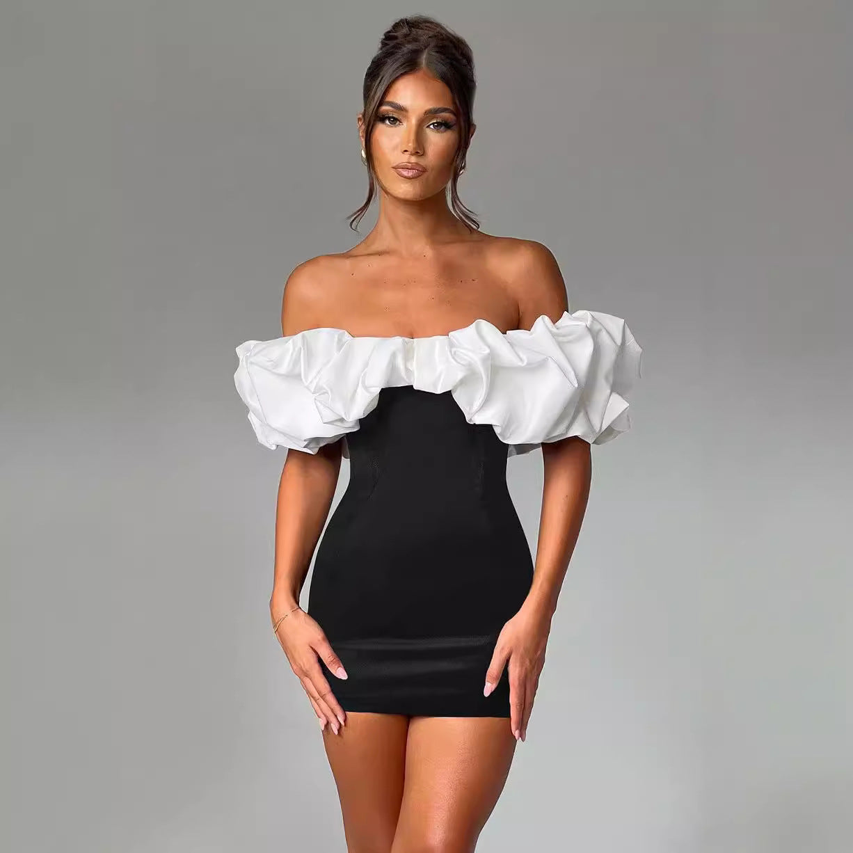 White off-shoulder mini bodycon dress with layered romantic ruffles, slim fit party style