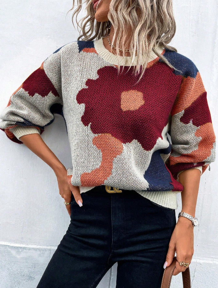 Vibrant floral print women's pullover sweater in multicolor, relaxed cozy fit with all-season chic style