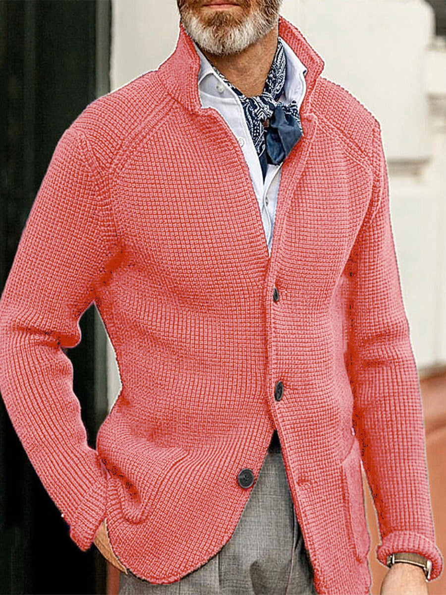 Men's slim fit textured knit cardigan with stand collar and patch pockets for layering