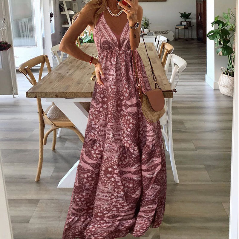 Women's boho maxi dress V-neck spaghetti straps flowy draped silhouette effortless feminine style