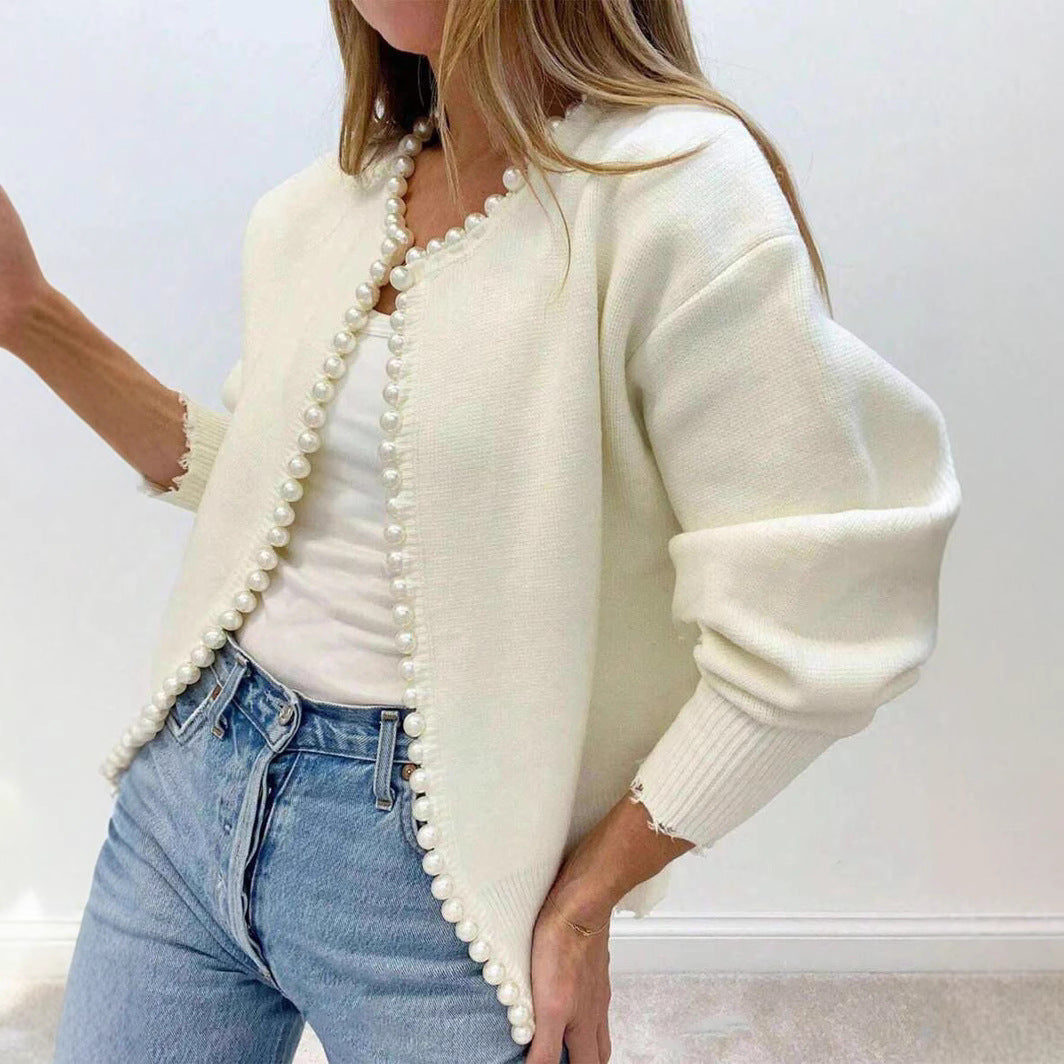 Women's relaxed fit soft knit cardigan with pearl button front, long sleeve casual layer