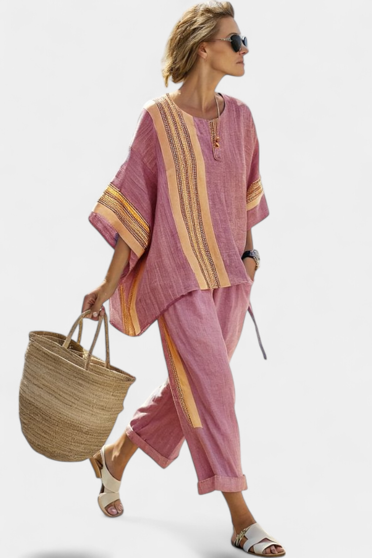 Lavender linen two-piece set oversized top tapered pants mustard woven stripe women