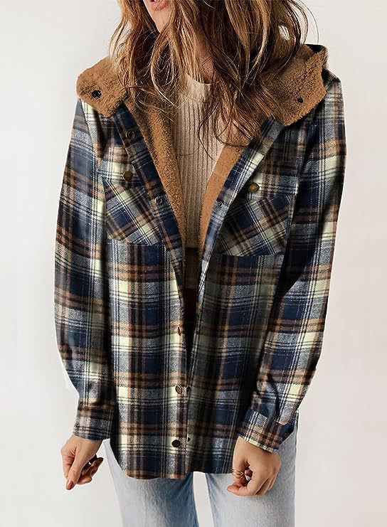 Women's plaid wool jacket relaxed fit with cozy plush lined hood for fall winter casual outerwear