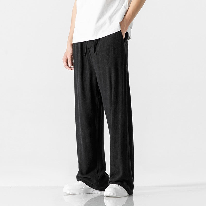 Men's loose-fit linen blend trousers, drawstring waist, full-length casual pants in neutral tone