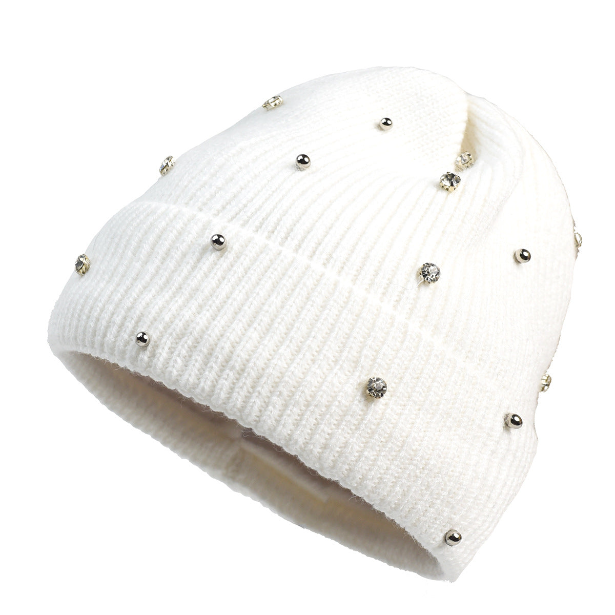 Women's cozy knit beanie in neutral tone with subtle sparkle beaded accents for winter glam