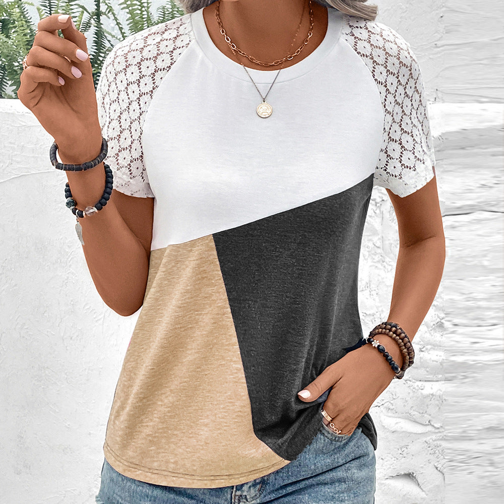 Women's relaxed fit cotton blend tee with delicate lace sleeves and round neck casual style