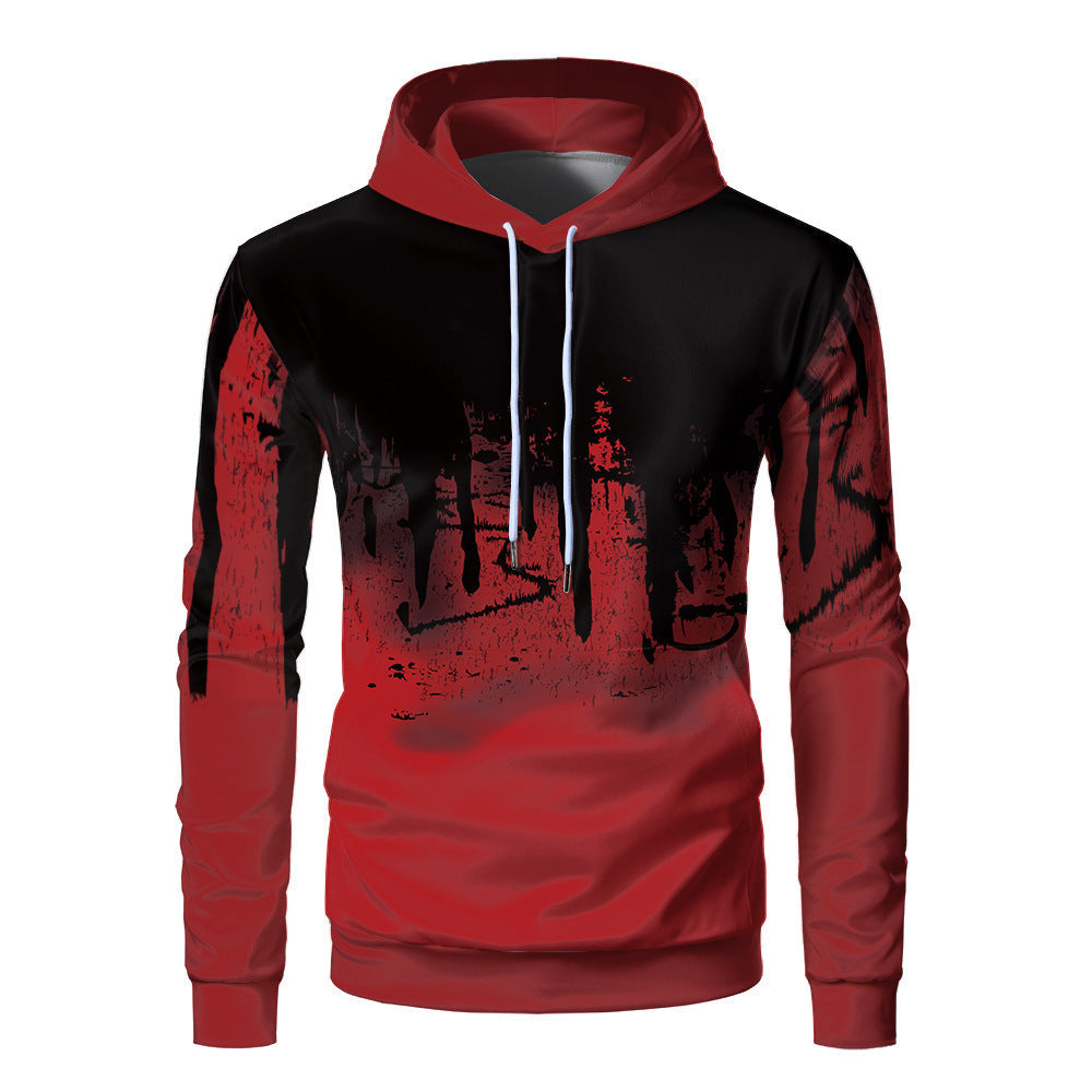Men's loose fit hooded sweatshirt with bold 3D digital print and adjustable drawstring casual fall wear