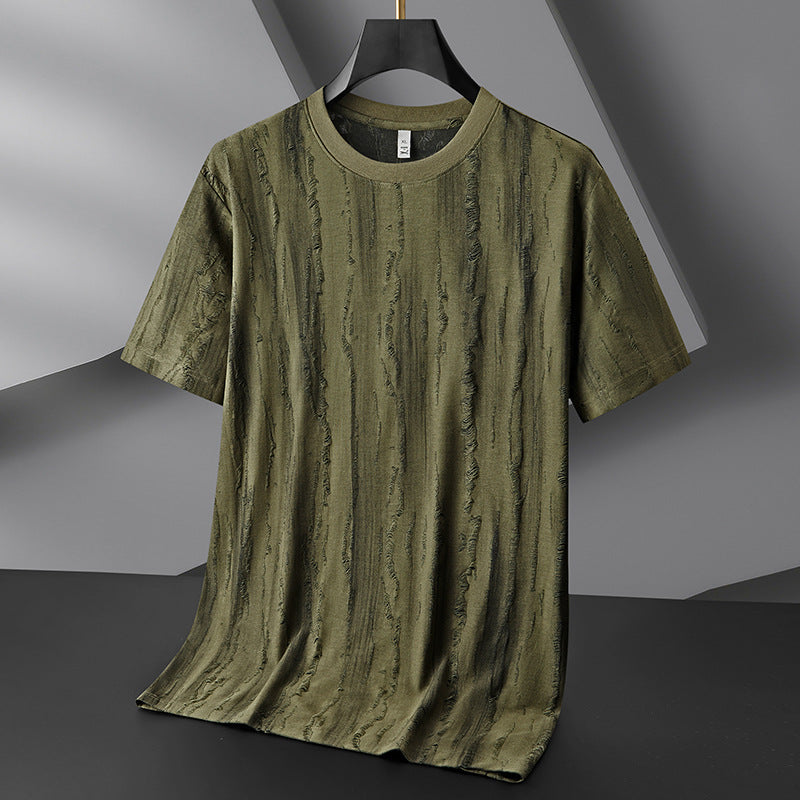 White distressed crew-neck shirt with textured vertical streaks, relaxed draped fit, short sleeves