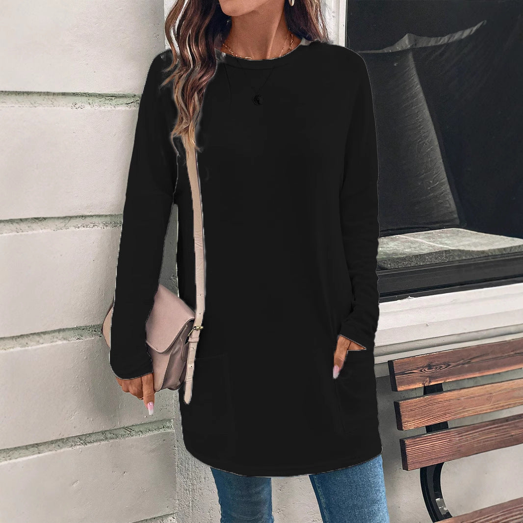 Women's relaxed fit tunic sweatshirt in cotton blend with round neck and hip pockets