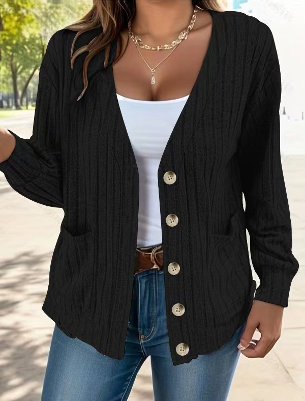 Women's relaxed-fit ribbed knit cardigan with pockets, cozy everyday essential in neutral tone