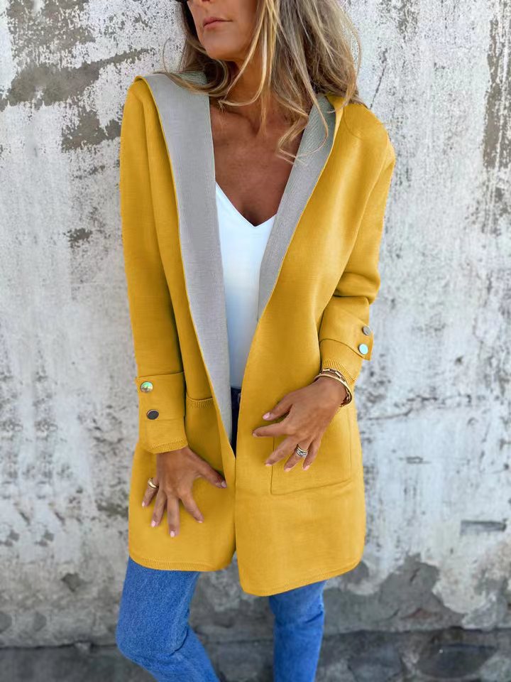Women's hooded longline cardigan soft knit relaxed fit with draped silhouette