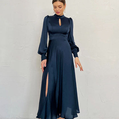 Navy satin long dress with high neck, puff sleeves, and elegant loose fit for formal evenings