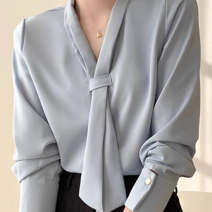 Women elegant chiffon blouse bow tie neck soft V-cut lightweight flowy formal professional style