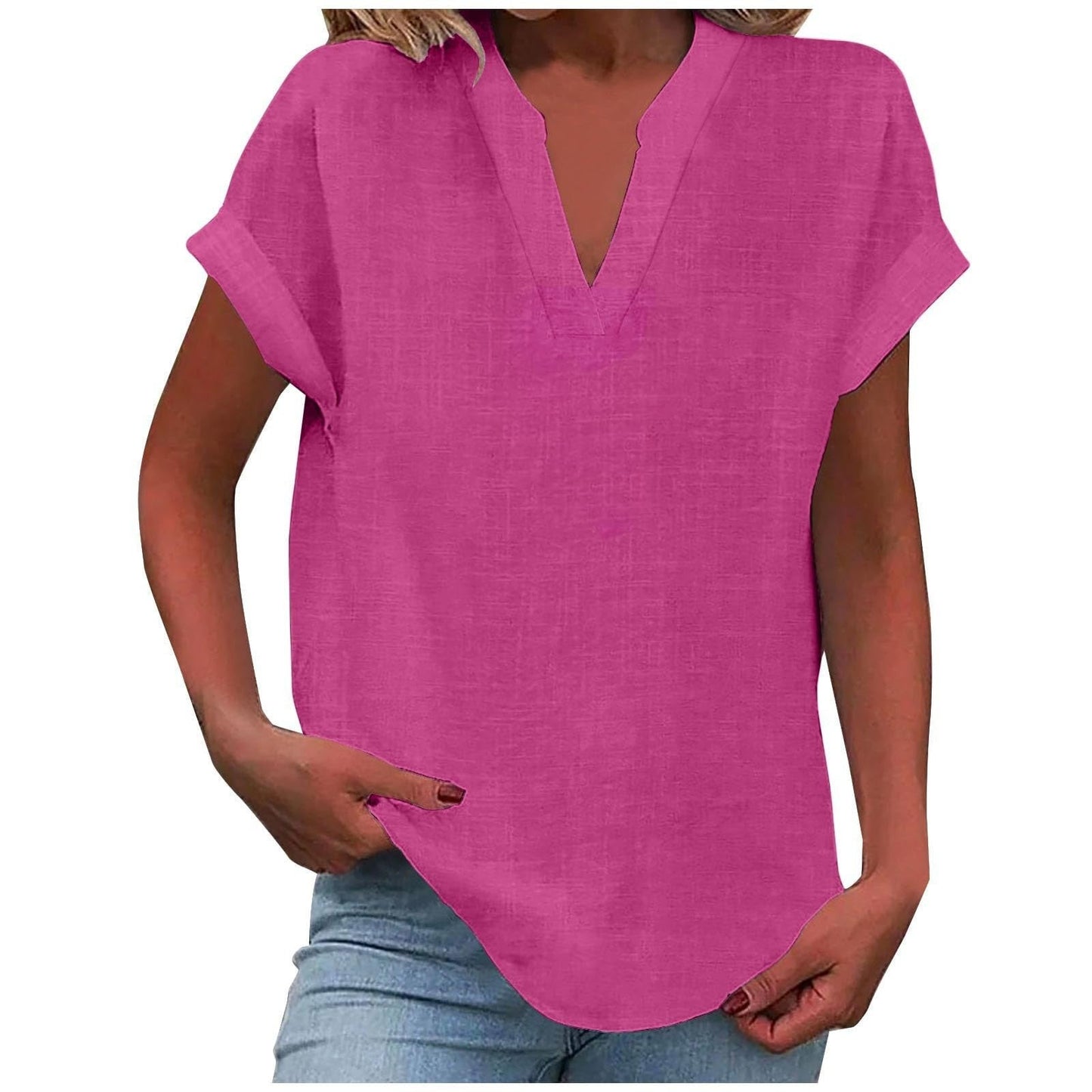 Relaxed V-neck blouse in neutral tone with rolled short sleeves and smooth draped silhouette
