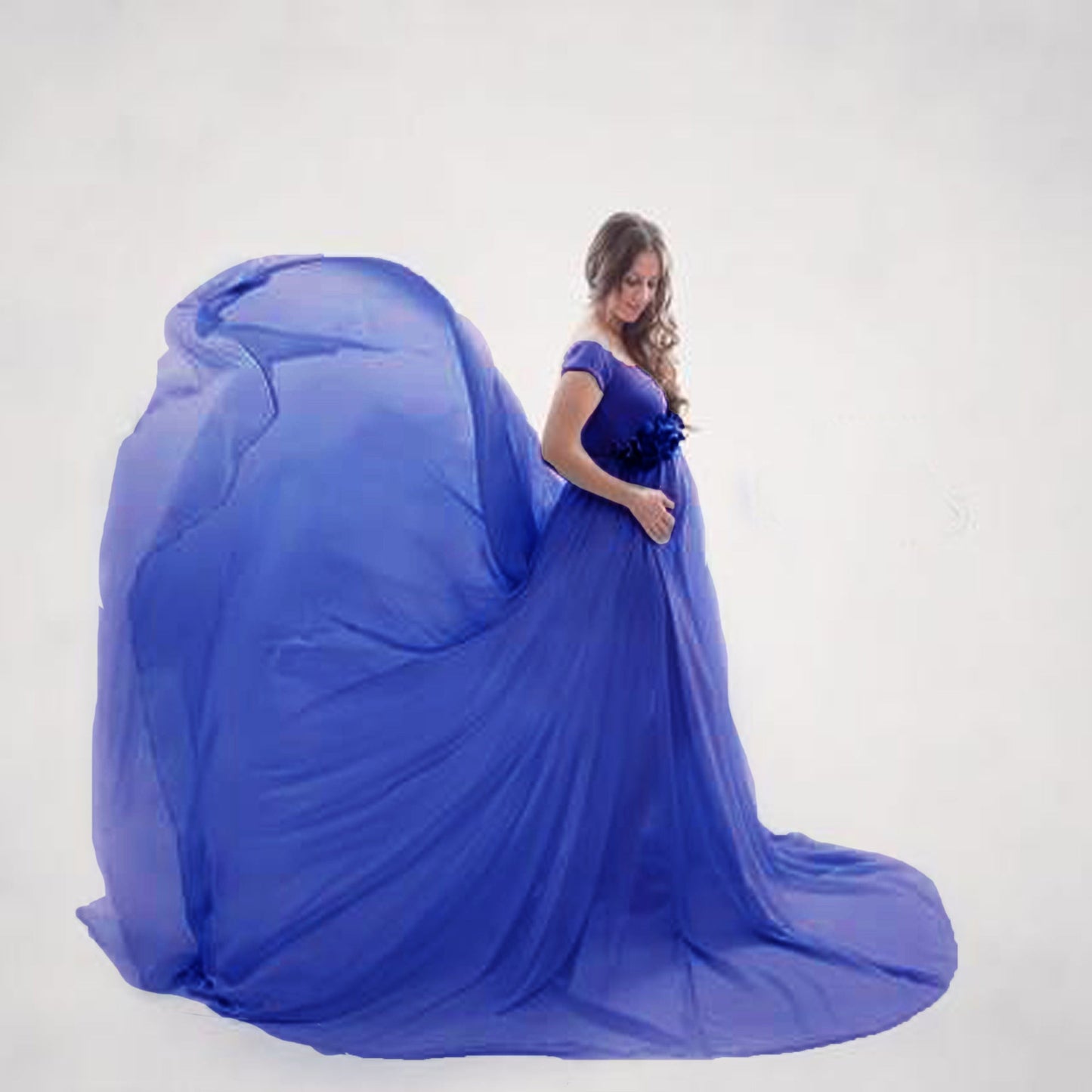 White maternity maxi gown dress with wrap closure and self-tie belt, flowing breathable silhouette