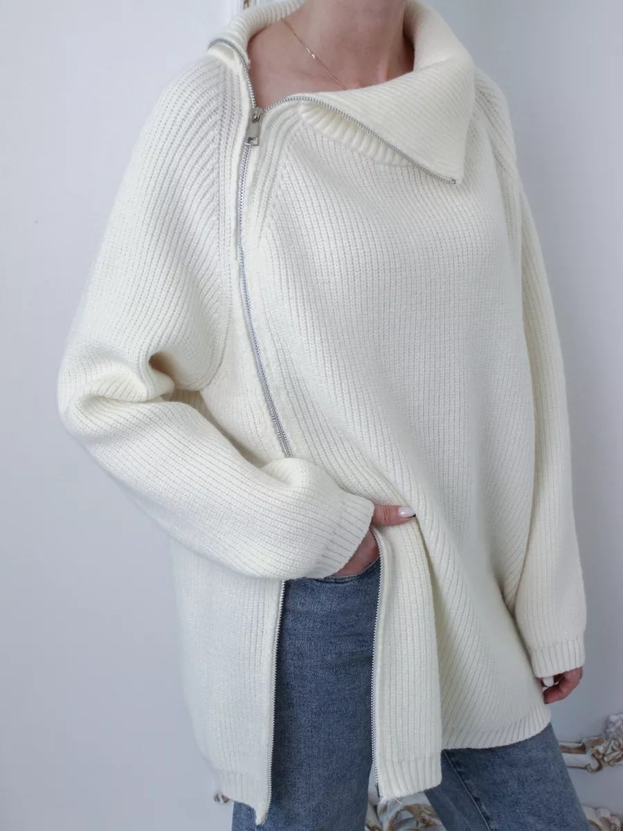 Women's oversized ribbed knit pullover sweater with asymmetrical zip and large collar