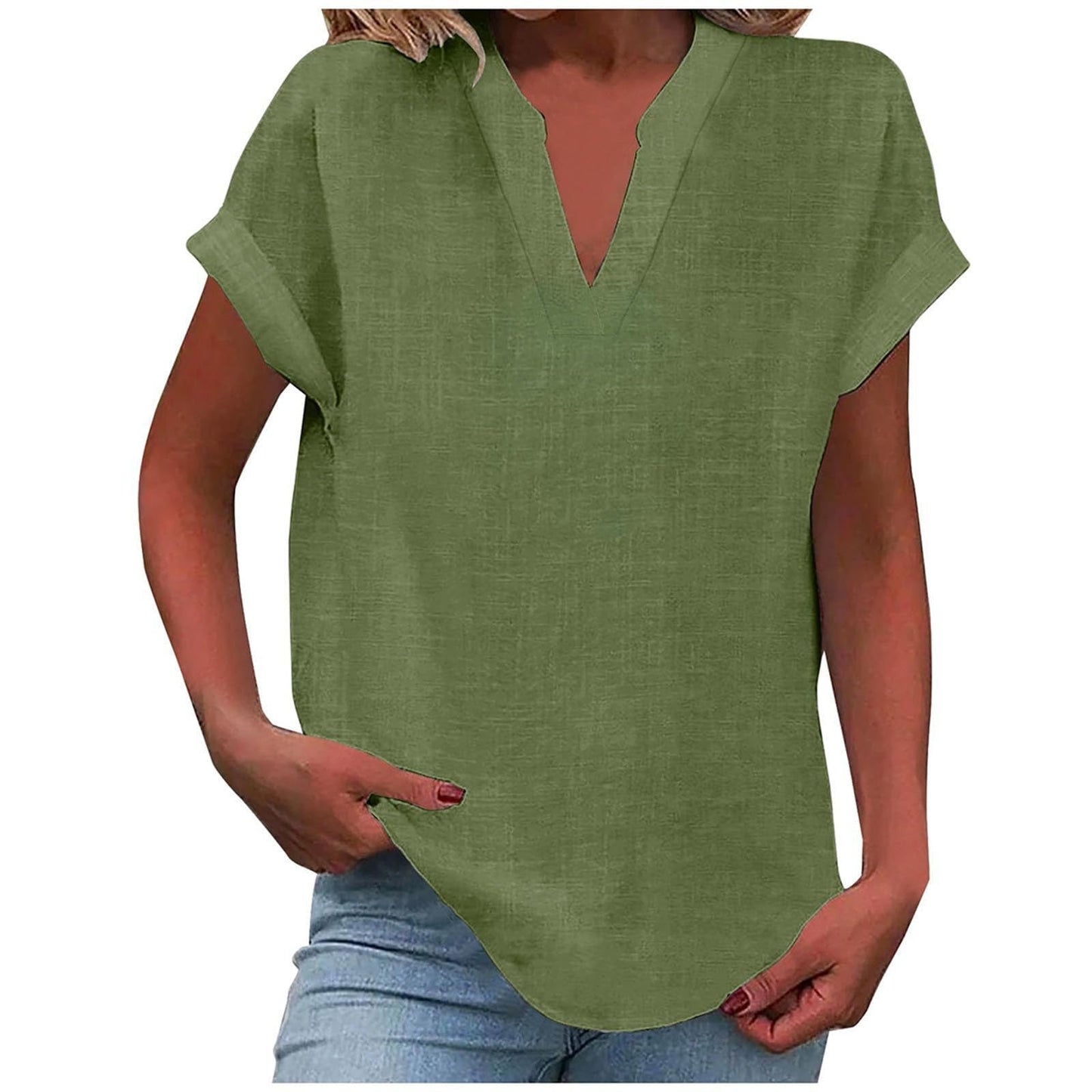 Relaxed fit ivory v-neck blouse with rolled short sleeves and smooth drape for a polished everyday look