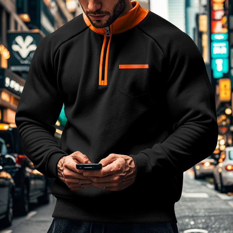 Men's gray cotton blend zip neck sweatshirt stand-up collar regular fit chest pocket