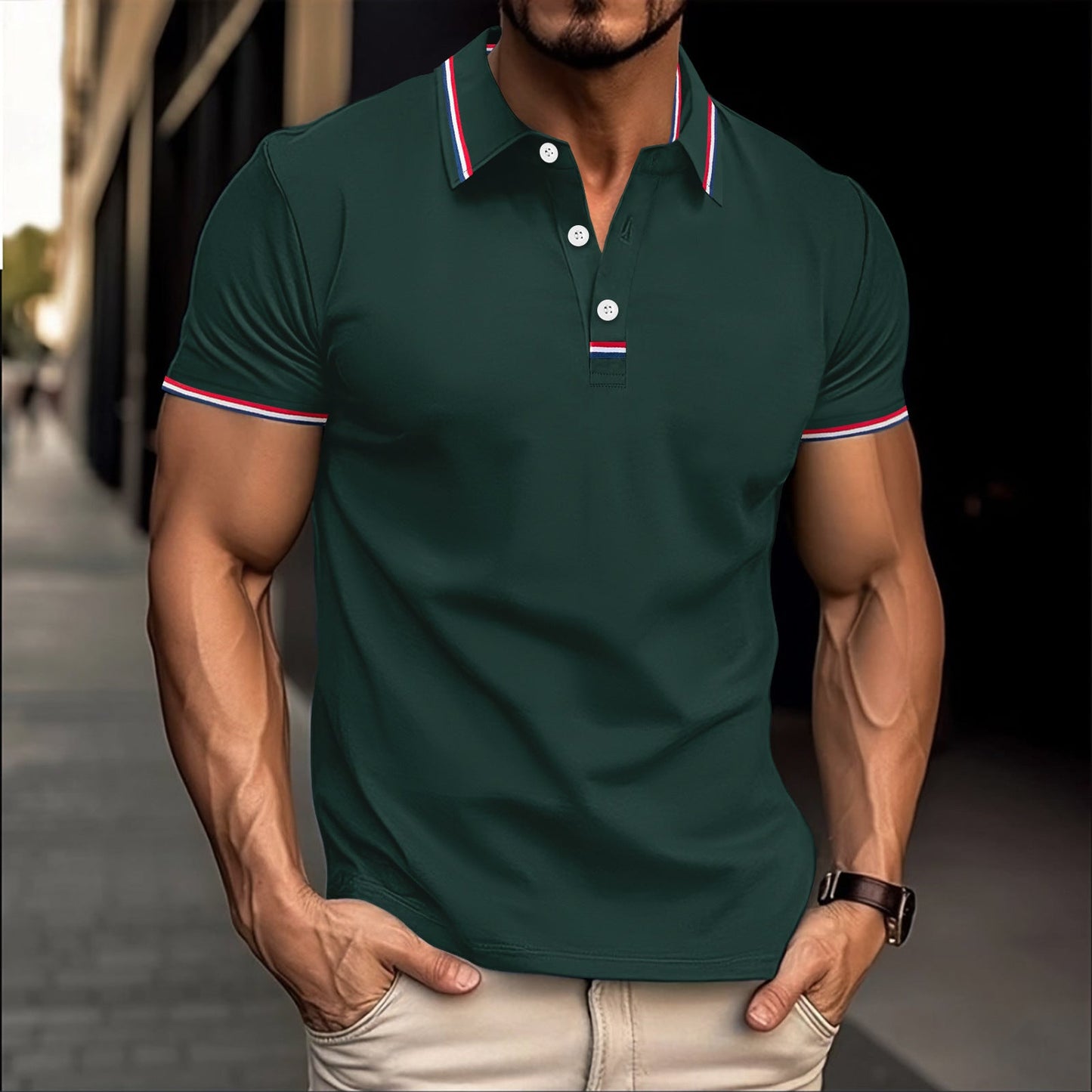 Men's slim fit cotton blend polo shirt with ribbed collar and button placket, modern versatile style