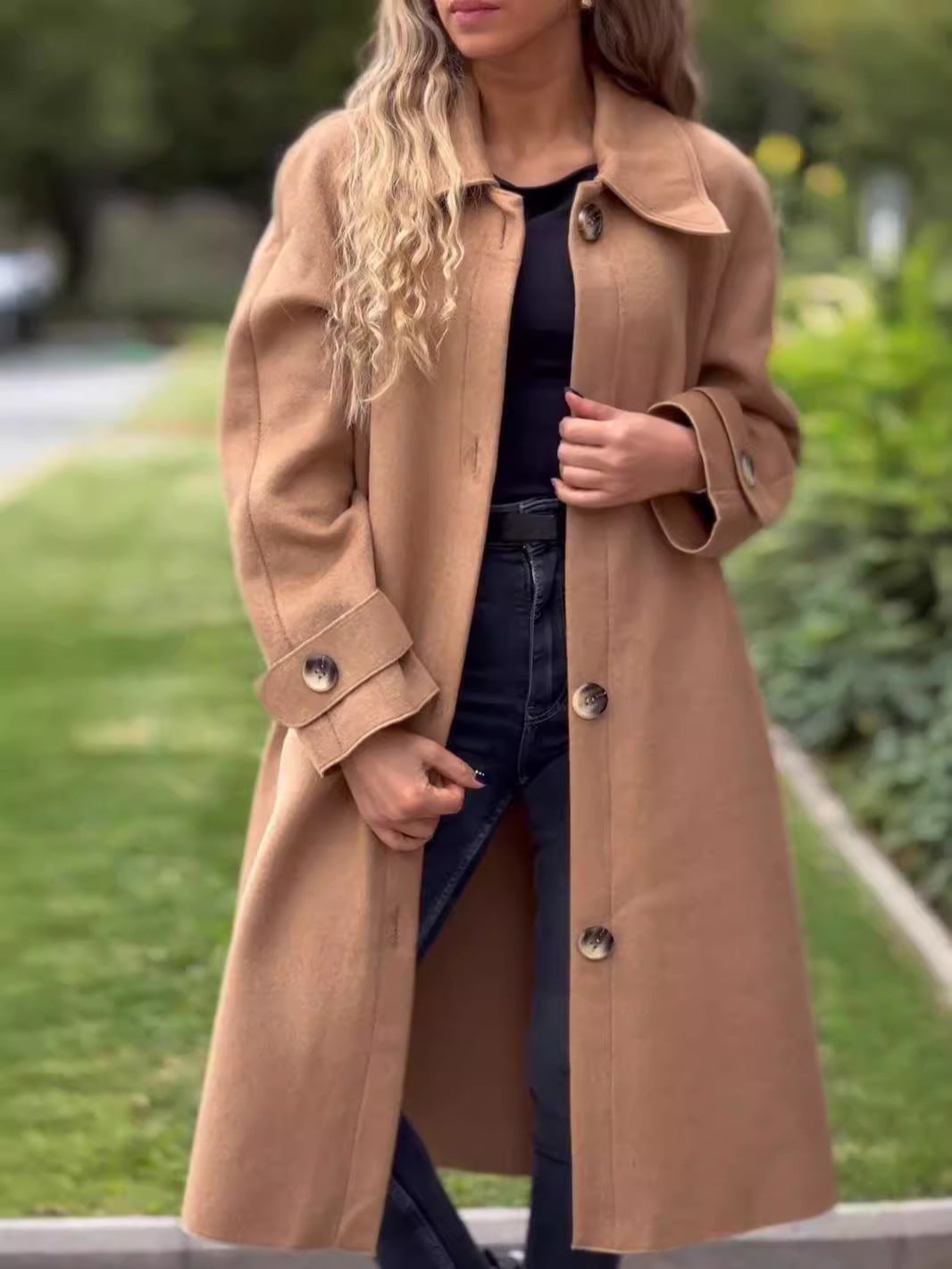 Women's long wool blend coat relaxed fit button front full length classic collar timeless outerwear