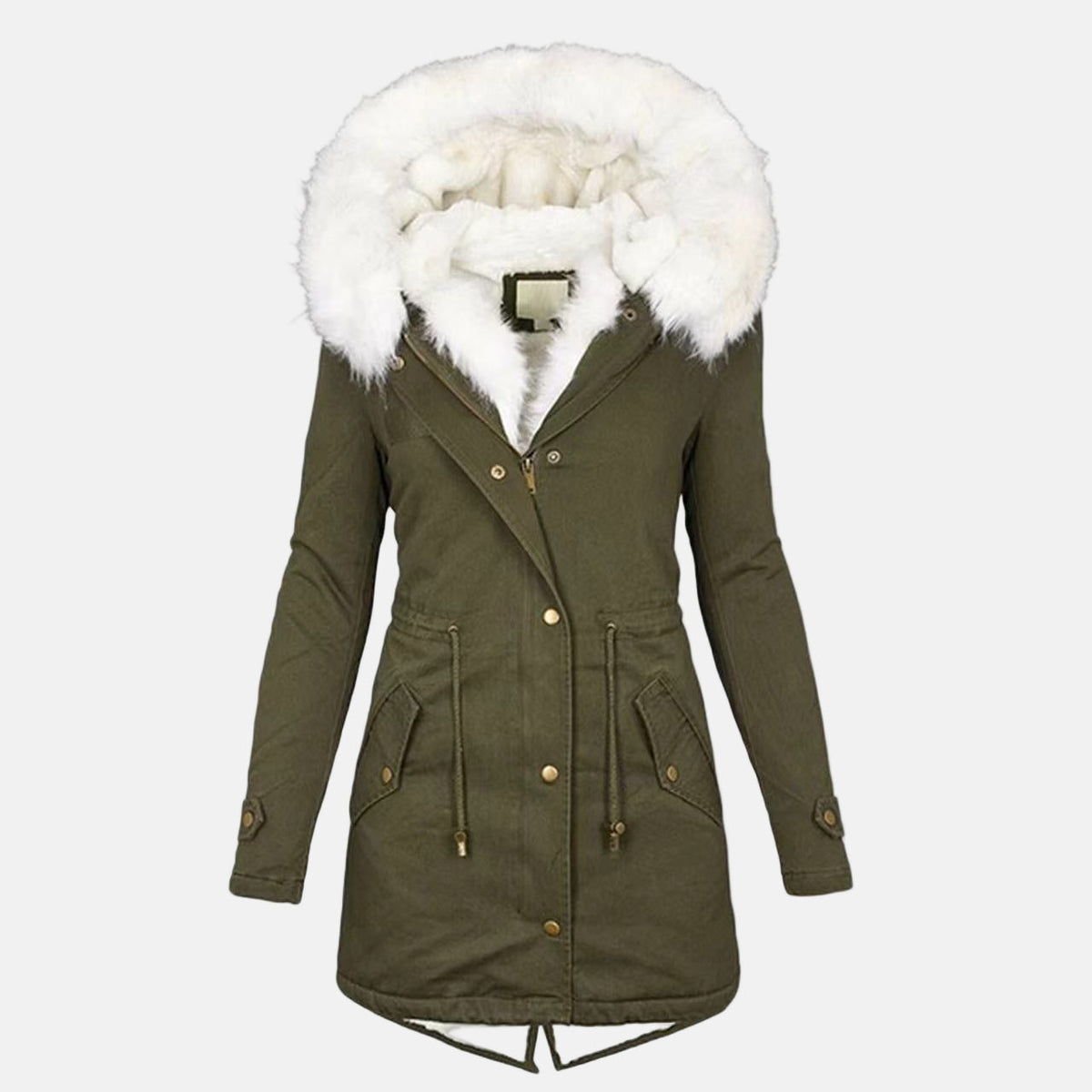 Women's mid-length hooded parka with faux fur trim, fleece-lined, water-resistant, fitted silhouette