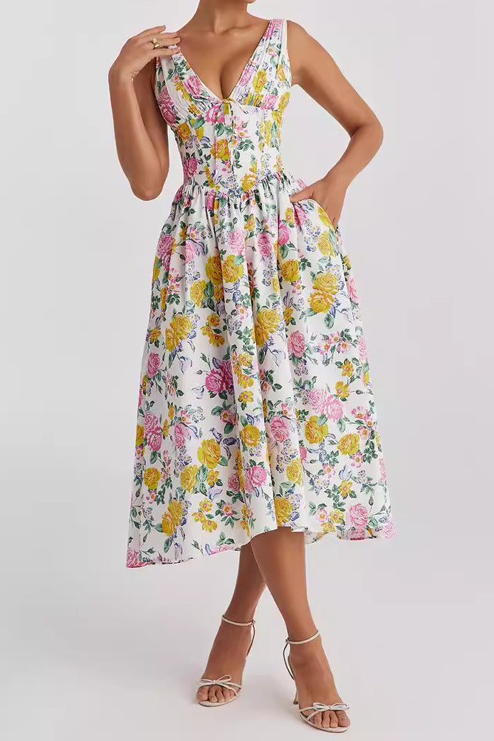 Women's floral print midi dress, A-line sleeveless V-neckline, lightweight warm-weather style