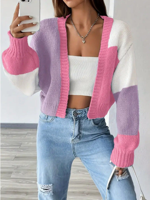 Women's short-fit V-neck knit cardigan in block pattern wool blend, casual to dressy layering piece