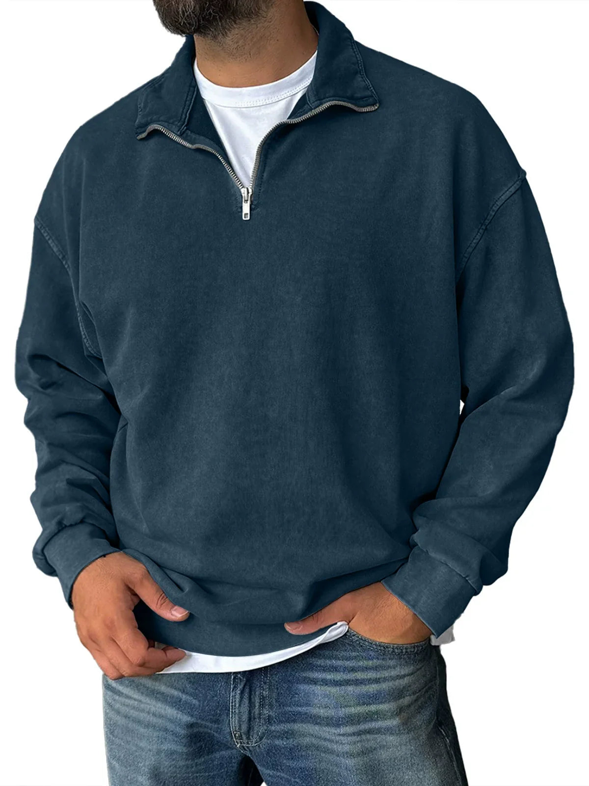 Men's gray relaxed fit half-zip sweatshirt with stand collar, drop shoulder cotton blend