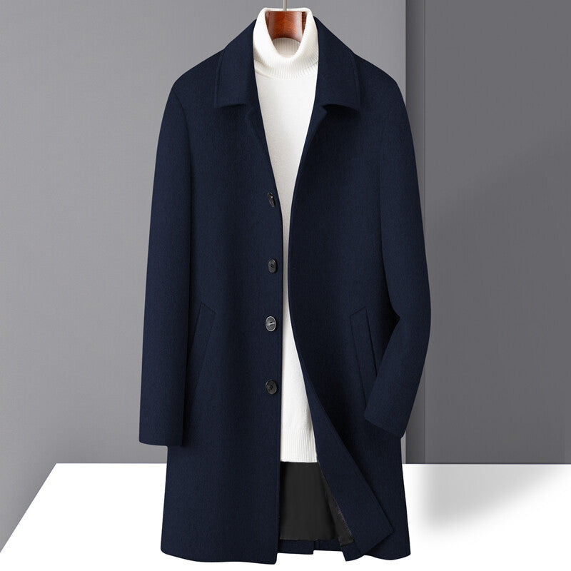 Men's mid-length wool blend overcoat with notch lapel, timeless straight-cut silhouette for modern style