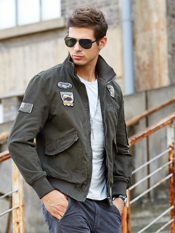 Men's bomber jacket bold embroidered patches stand collar standard fit everyday streetwear by Wavlynn