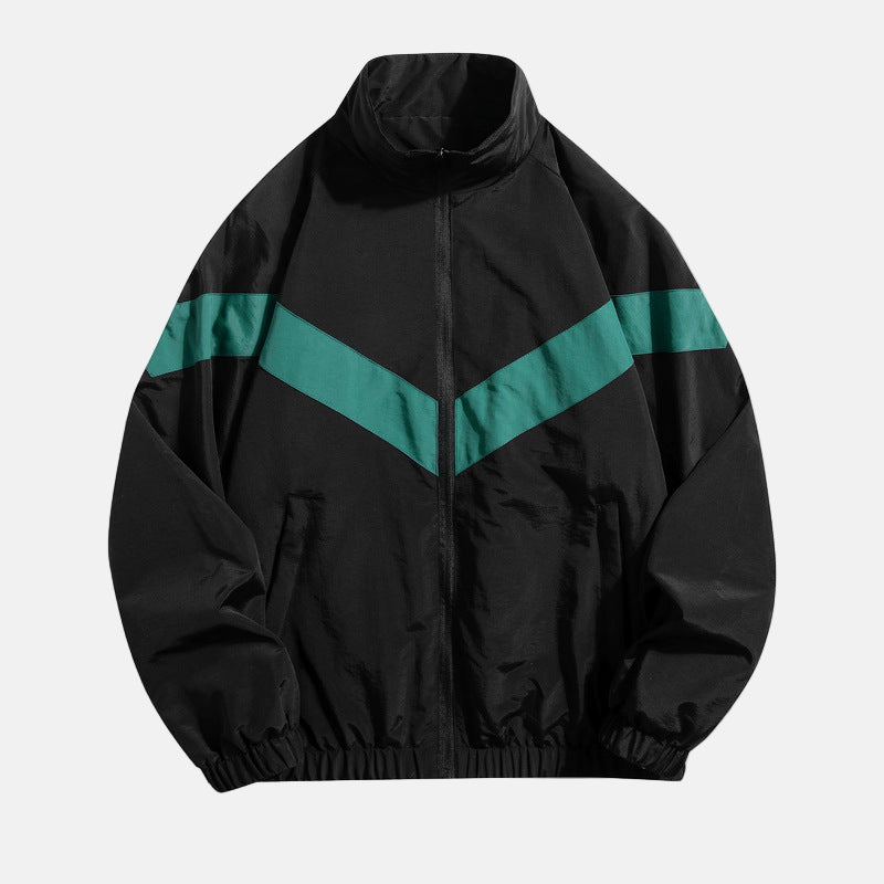 Lightweight color-block track jacket with bold V-stripe pattern, stand collar, and elastic cuffs
