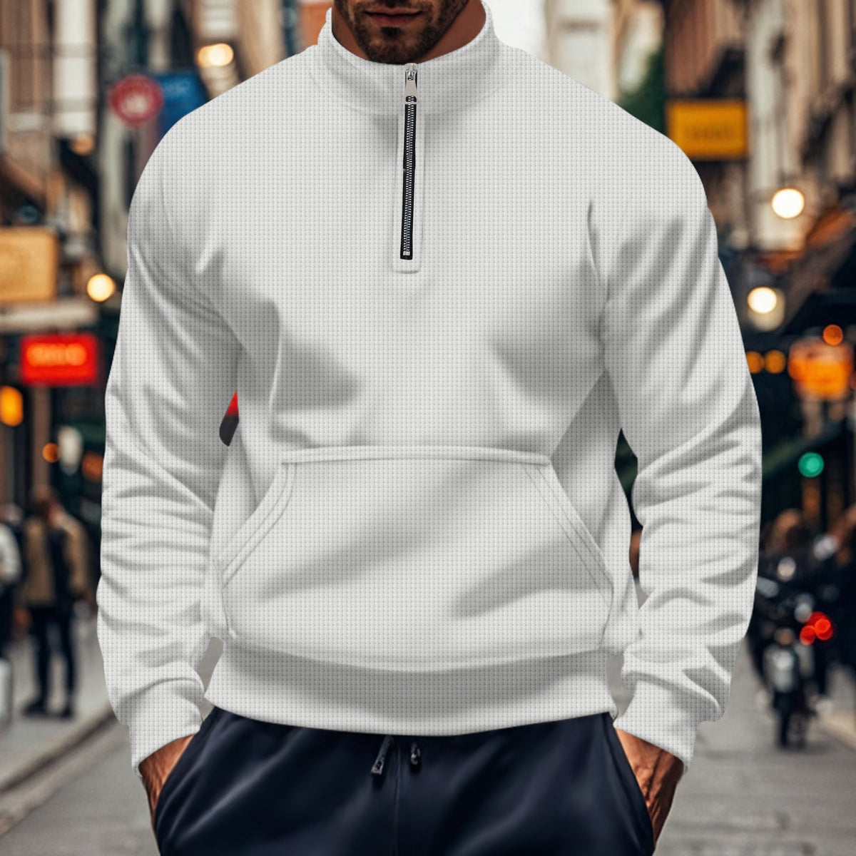 Men's relaxed fit half-zip sweatshirt with kangaroo pocket and ribbed trim cotton knit