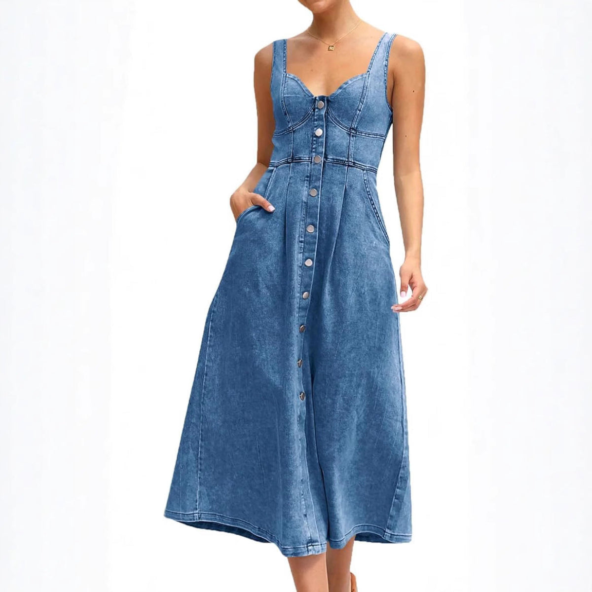 Classic sleeveless button-front denim dress with flattering defined shape and all-day comfort