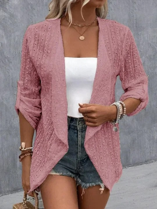Women's boho crocheted knit open-front cardigan relaxed fit with textured crochet detailing