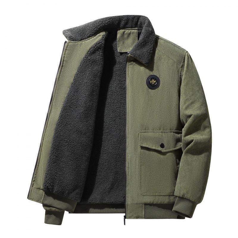 Men's brown corduroy jacket wool-lined loose fit button-front flap pockets casual everyday style