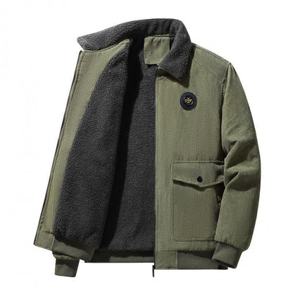 Men's brown corduroy jacket wool-lined loose fit button-front flap pockets casual everyday style