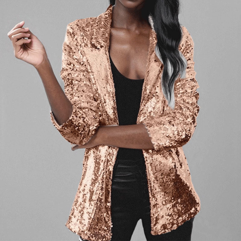 Women's silver sequin blazer tailored fit open front long sleeves elegant evening wear