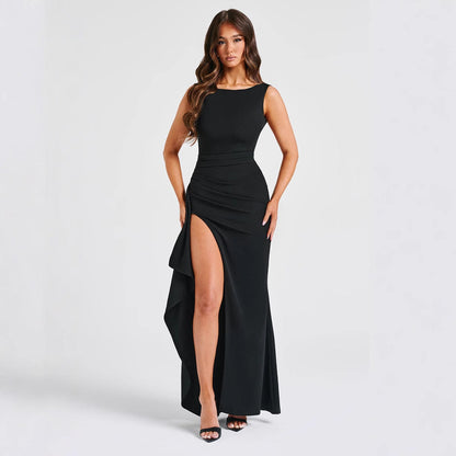 Women's slim-fit sleeveless floor-length evening gown with high slit and open back detail