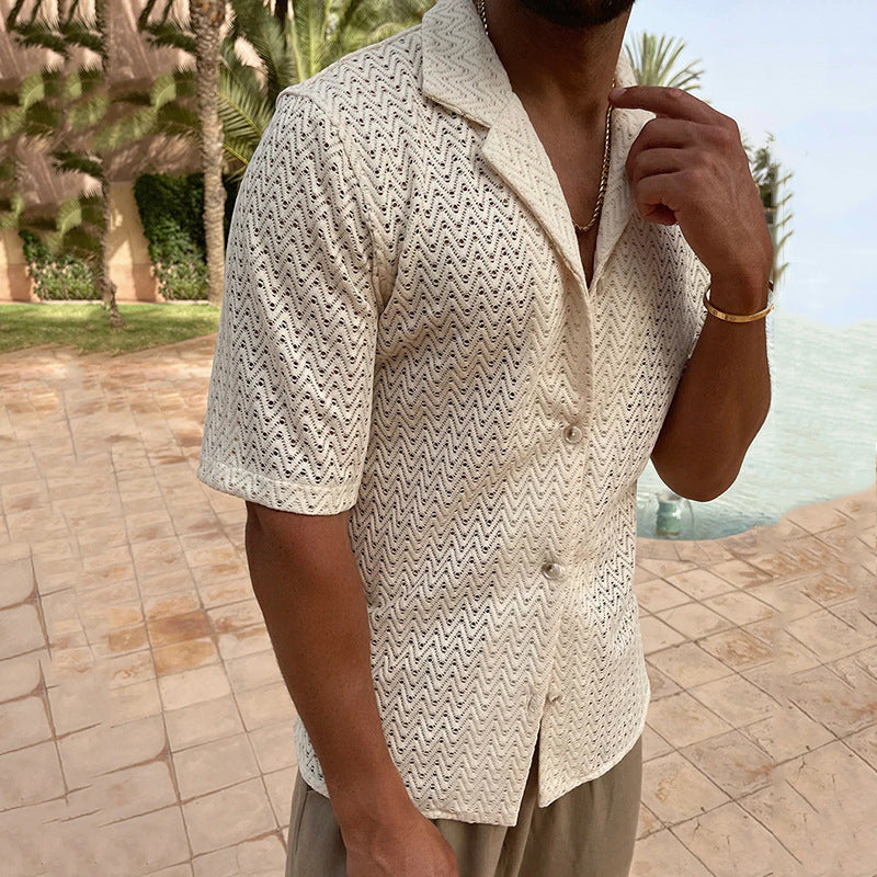 Men's slim fit knitted cotton cardigan short sleeves open pattern button closure