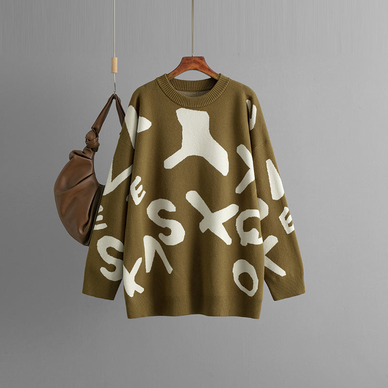Oversized graphic knit sweater in bold pattern, cozy relaxed fit perfect for fall and winter styling