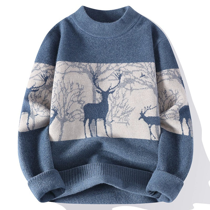 Men's loose fit Nordic knit pullover sweater mock neck ribbed trim deer pattern holiday style