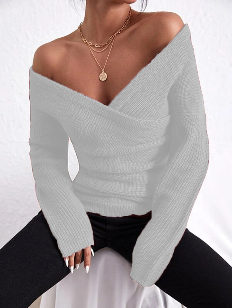 Women's slim fit ribbed knit off-shoulder wrap V-neck long sleeve sweater with cozy texture
